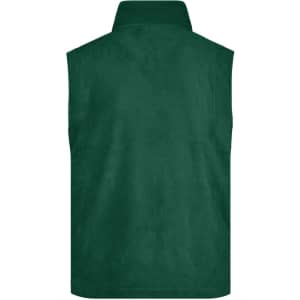 A green fleece vest with a high collar and no sleeves, featuring a logo on the back.