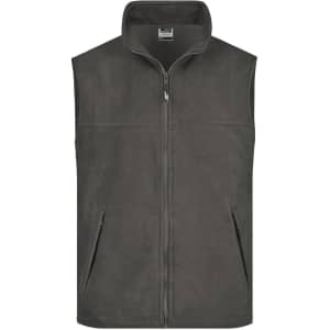 A grey fleece vest with a full zip and two front pockets, featuring a collar and a branding logo.