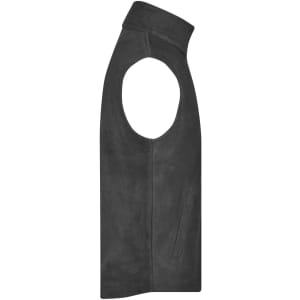 A grey fleece vest with a high collar and open armholes, featuring a side pocket and a logo.