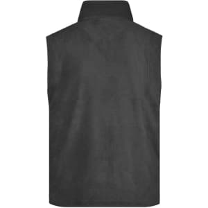 A black fleece vest featuring a high collar and no sleeves, with a logo on the back.
