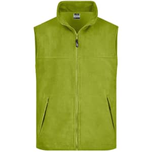 A green fleece vest with a zip front and two side pockets, featuring a logo on the chest.