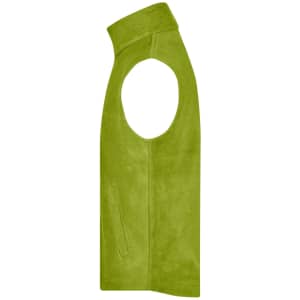 A green fleece vest with an open arm design and a side pocket. Features a logo.