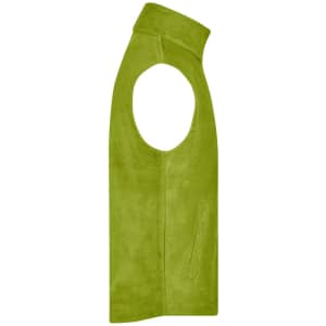 A lime green fleece vest with an open arm design and a side pocket. It features a logo.