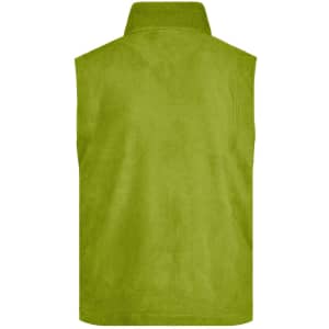 A green fleece vest with a collared neck and sleeveless design, featuring a logo on the back.