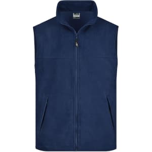 A navy fleece vest with a high collar, featuring a front zip and side pockets. There is a logo on the vest.