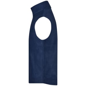 A navy fleece vest with a high collar and sleeveless design, featuring a side pocket and a logo.