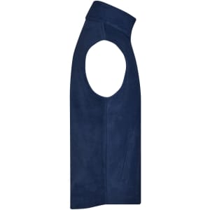 A navy fleece vest featuring a high collar and armholes, with a side pocket and a logo.