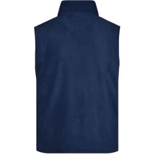 A navy fleece vest with a high collar and no sleeves, featuring a logo on the back.