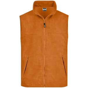 An orange fleece vest with a high collar, featuring a zip front and side pockets. Includes branding.