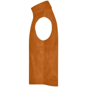 An orange fleece vest with a high collar and side pocket, featuring a logo.
