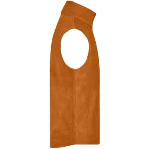 An orange fleece vest with a high collar and armholes, featuring a single side pocket.