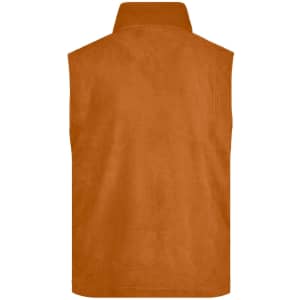 An orange fleece vest, featuring a high collar and a plain back, with a logo on the fabric.
