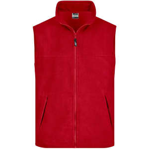 A red fleece vest with a front zip, featuring two side pockets and a collar. It has a logo on the upper back.