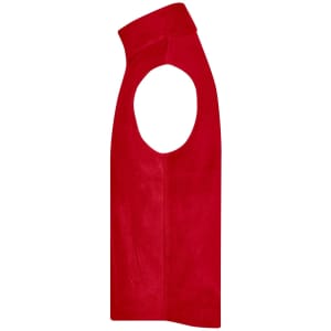 A red fleece vest featuring an open arm design and a logo. Ideal for layering in cool weather.