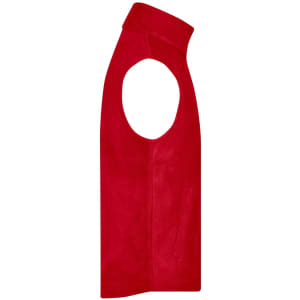 A red fleece vest with a high collar and sleeveless design, featuring an open armhole and a logo.