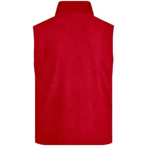 A red fleece vest with a high collar and no sleeves, featuring a logo.