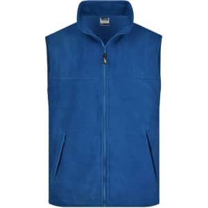 A blue fleece vest with zip closure and side pockets, featuring a logo on the chest.