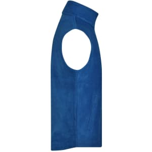 A blue fleece vest featuring a high collar and armholes, with a side pocket and a branding logo.