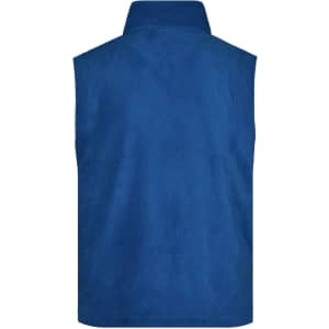 A blue fleece vest with a high collar, featuring a smooth texture and no visible fastenings or details.