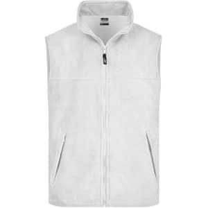 A white fleece vest with a zip front and two side pockets, featuring a logo on the upper left.