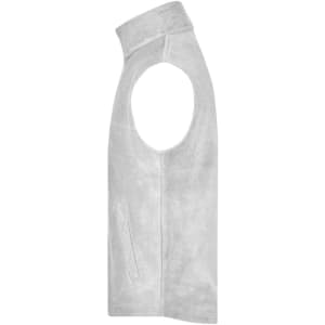 A grey fleece vest featuring a high collar and side pocket, with an unobtrusive logo.
