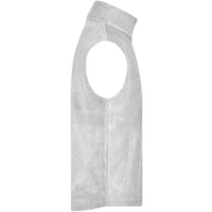 A light grey fleece vest with a high collar and armholes, featuring a side pocket.