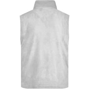 A grey fleece vest with a high collar and no sleeves, featuring a logo on the back.