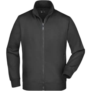 A black men's jacket with a zippered front and a high collar, featuring long sleeves and a logo.