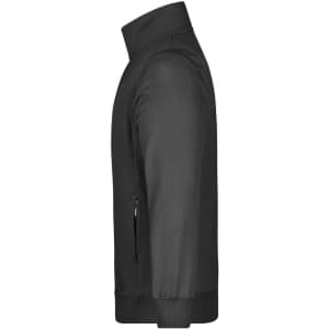 A black men's jacket with a zip pocket and a high collar, featuring a logo on the sleeve.
