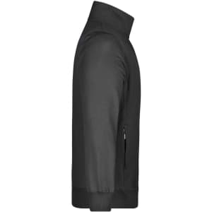 A men's black jacket featuring a high collar and zippered side pockets. It has a simple design and a logo.