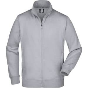 A grey men's jacket with a zip front, featuring a collar and side pockets. It has a logo on the upper chest area.