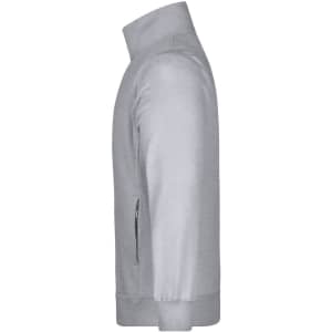 A grey men's jacket with a high collar, featuring a zip side pocket and long sleeves. It has a simple design and a logo.
