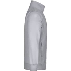 A grey men's jacket featuring a zippered pocket and a high collar, with a sleek, minimalist design.