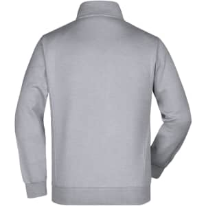 A grey men's jacket featuring a collar and long sleeves, with a branded logo on the back.