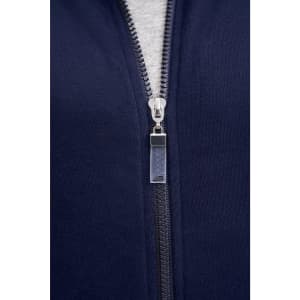 A navy men's jacket featuring a front zipper and a grey inner layer. The jacket has a logo on the zipper.