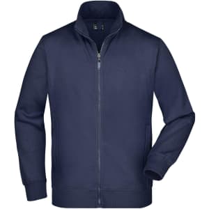 A navy men's jacket with a zip closure and high collar, featuring long sleeves and a minimalist design.