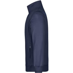A navy men's jacket with a high collar and side zip pockets. It has a simple design and features branding.