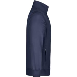 A navy men's jacket with a high collar and a zip side pocket. It features a simple design and has a logo.