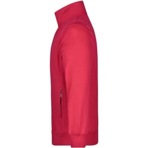 A bright red men's jacket featuring a high collar and side zip pockets, displayed from the side.