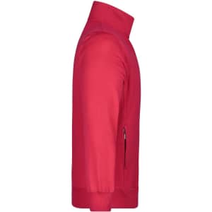 A red men's jacket featuring a high collar and side zip pocket, with a logo on the design.