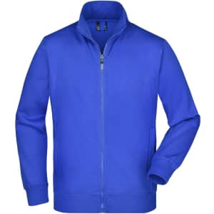 A blue men's jacket with a zip front and a stand-up collar. The jacket features a logo on the chest area.