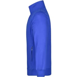 A blue men's jacket with a high collar and zippered pockets, featuring a logo on the side.