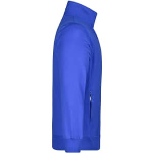 A blue men's jacket with a zippered pocket, featuring a high collar and a fitted design.
