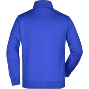 A blue men's jacket featuring a collar and a solid back design, with a logo present.