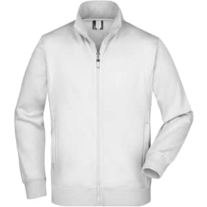 A white men's jacket with a zip front and a collar, featuring long sleeves and a logo.