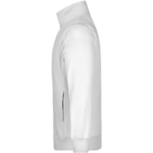 A men's jacket in white with a high collar and side zippered pocket. Features a sleek, tailored design.