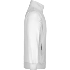 A men's jacket in white, featuring a zippered pocket and a high collar, displayed from the side.