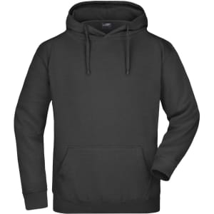 A black hooded sweatshirt featuring a front pocket and drawstrings, with a logo on the label.