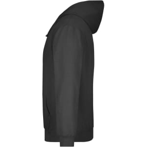 A black hooded sweatshirt displayed from the side, featuring a logo and a kangaroo pocket.