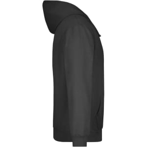 A black hooded sweatshirt featuring a side view, with a matching hood and front pockets. It has a branding logo.